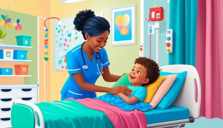 Nurse smiles at a happy child lying in a hospital bed
