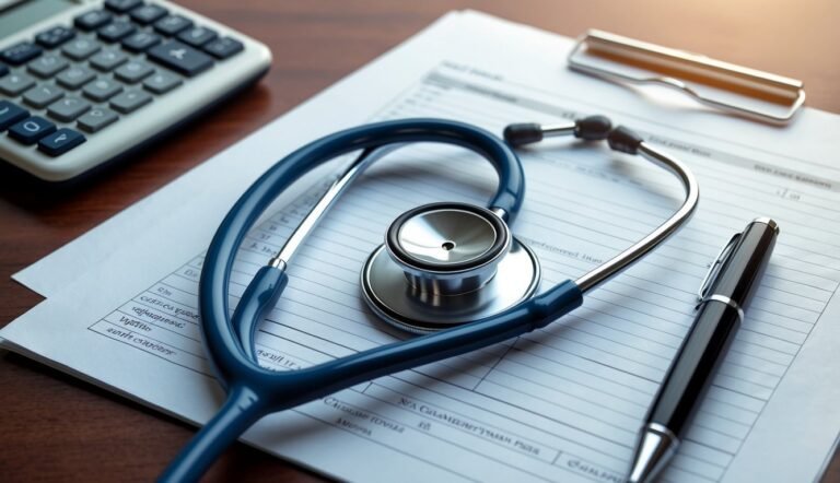 Stethoscope, pen, and medical forms on a desk with a calculator