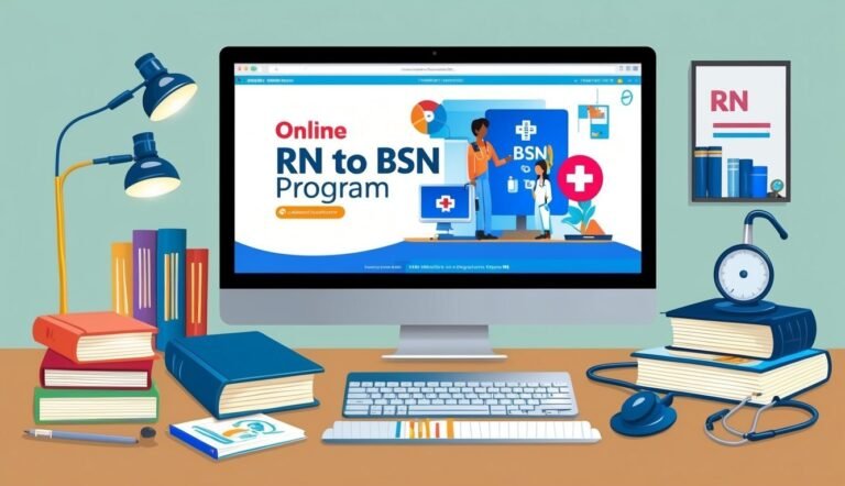 Computer screen with online RN to BSN program, books, and medical equipment