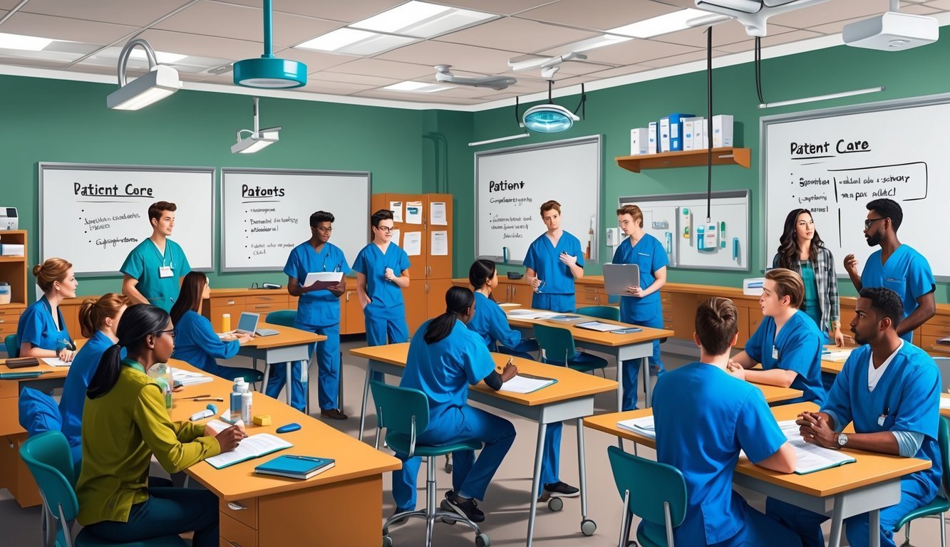 A bustling classroom with medical equipment and whiteboards, students in scrubs discussing patient care