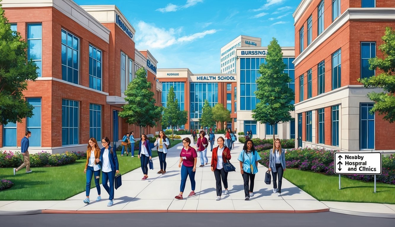 A bustling campus with buildings labeled "Nursing School" and "Health Sciences," students walking between classes, and a sign pointing to nearby hospitals and clinics