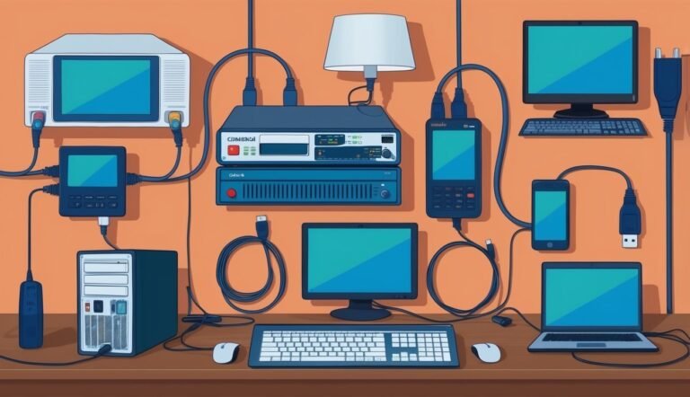 Illustration of various electronic devices connected by cables on a desk