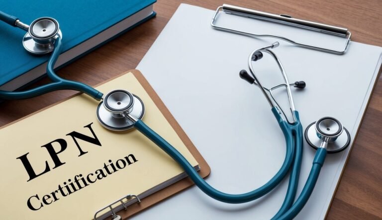 Stethoscope on LPN Certification clipboard, book, and blank clipboard