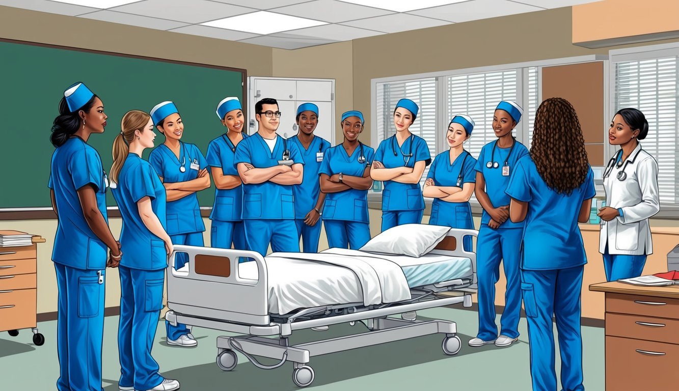 A group of nursing students in scrubs gather around a hospital bed, listening attentively to a nurse educator as she discusses career opportunities and outcomes in a classroom setting