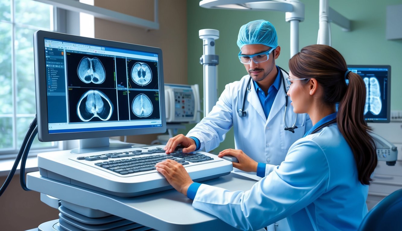 Two doctors reviewing brain scans on a computer monitor in a clinic