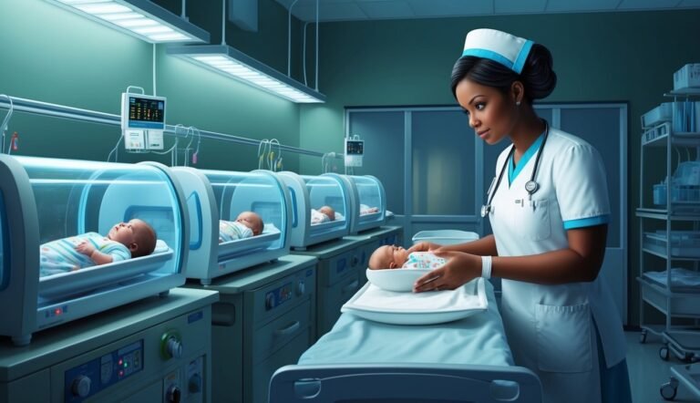 Nurse holding a baby in a hospital nursery with incubators