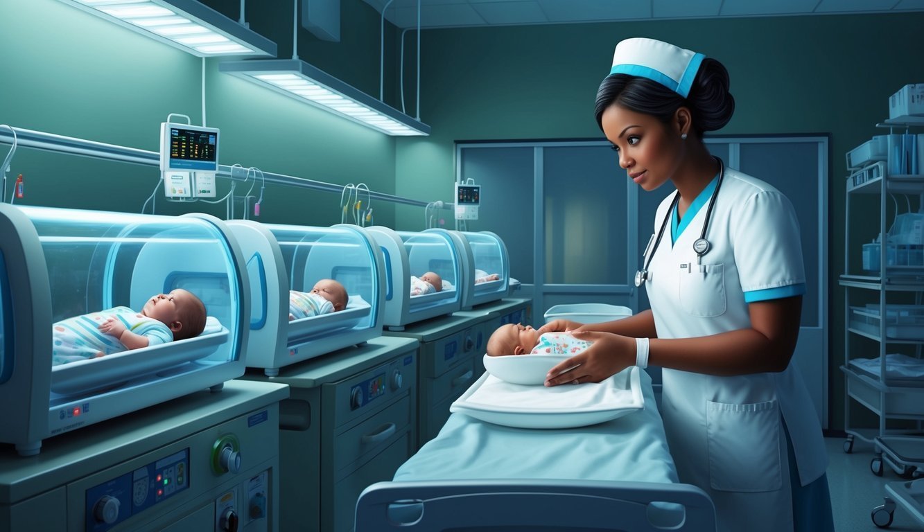 Nurse holding a baby in a hospital nursery with incubators