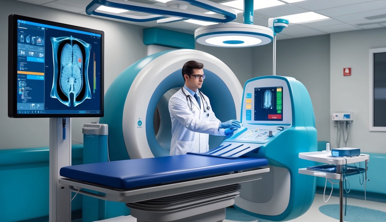 A radiologist technician operating advanced equipment in a specialized medical facility
