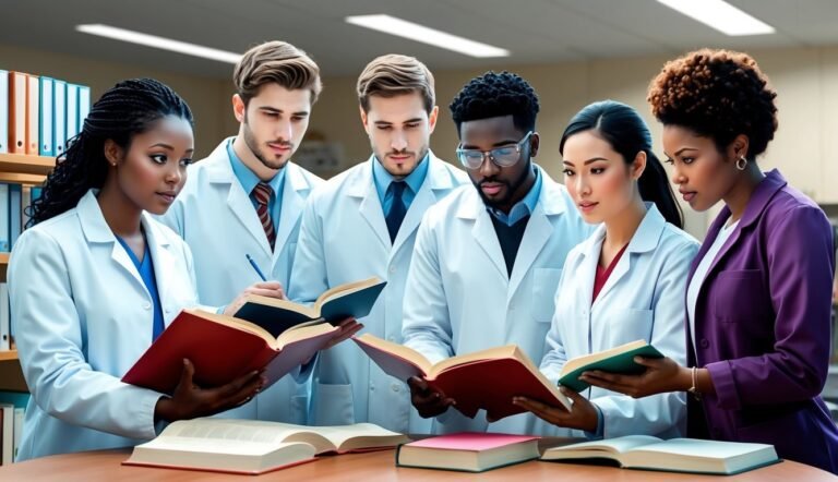 Diverse group of medical professionals in lab coats reading books together