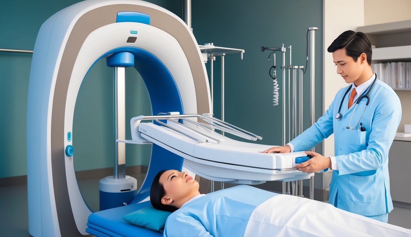A radiologist technician preparing equipment for a patient's scan in a clinical setting