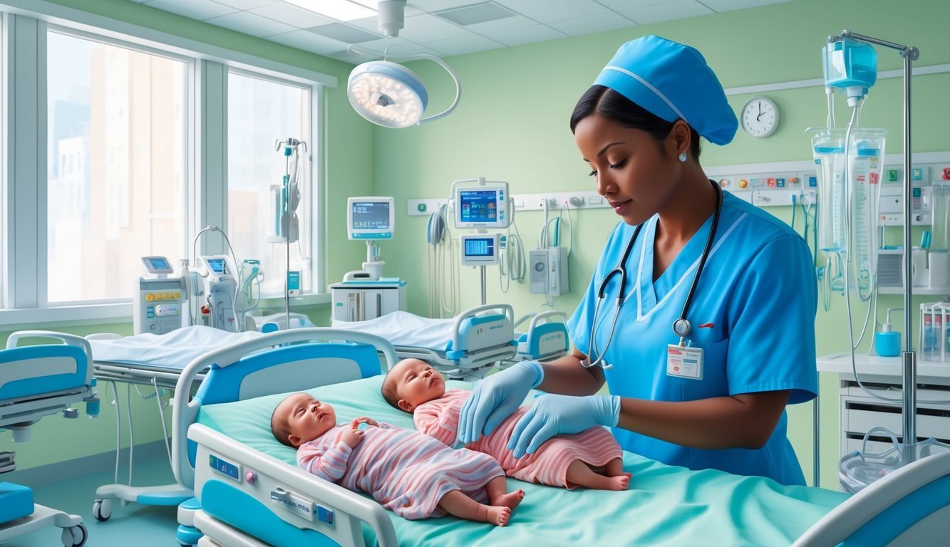 A neonatal nurse carefully tends to tiny patients in a bright, sterile hospital room filled with medical equipment and soft, soothing colors