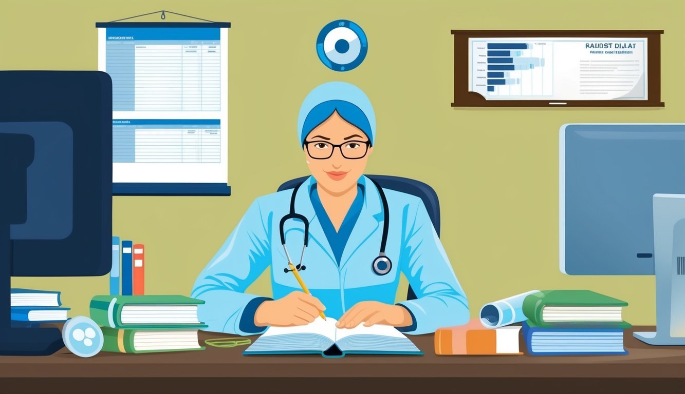 A radiologist technician studying at a desk with books, a computer, and medical equipment.</p><p>A diploma and salary chart hang on the wall