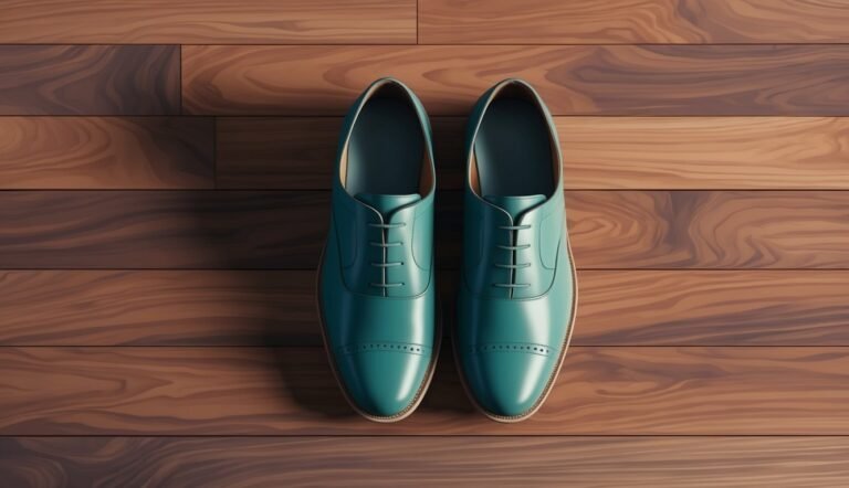 Pair of teal leather dress shoes on a wooden floor