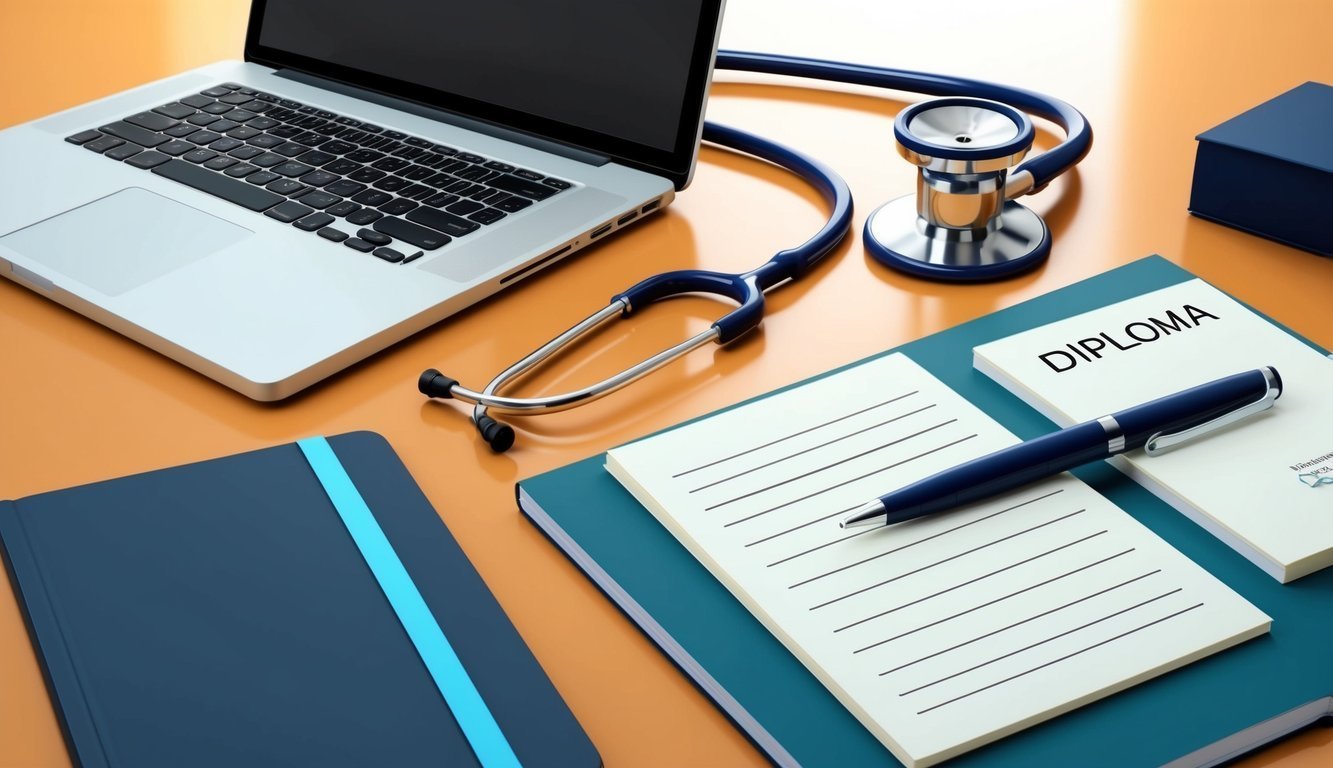 Laptop, stethoscope, diploma, and notebook on a desk