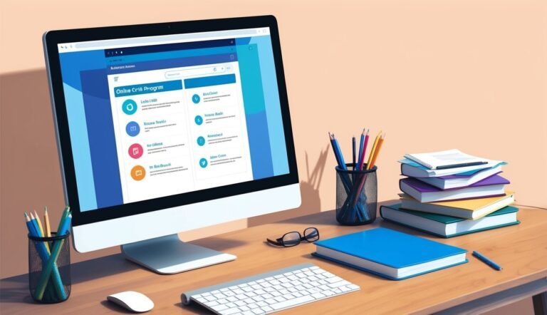 Computer monitor displaying an online program, with books, pencils, and keyboard on a desk