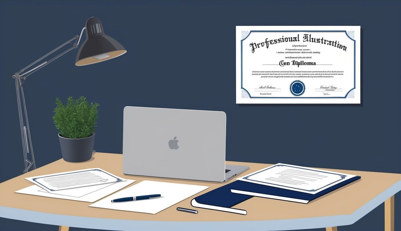 A desk with a laptop, pen, and papers.</p><p>A diploma on the wall