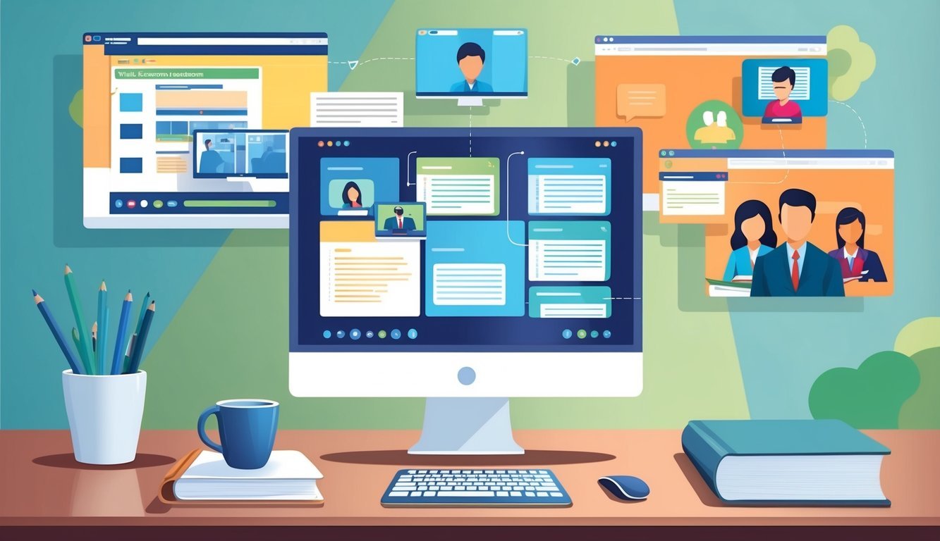 A computer screen displaying a virtual classroom with lecture slides, discussion forums, and video conferencing for an online CRNA program