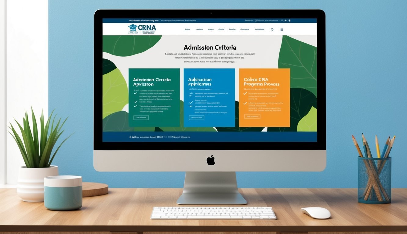A computer screen displaying a website with sections for admission criteria and application process for online CRNA programs