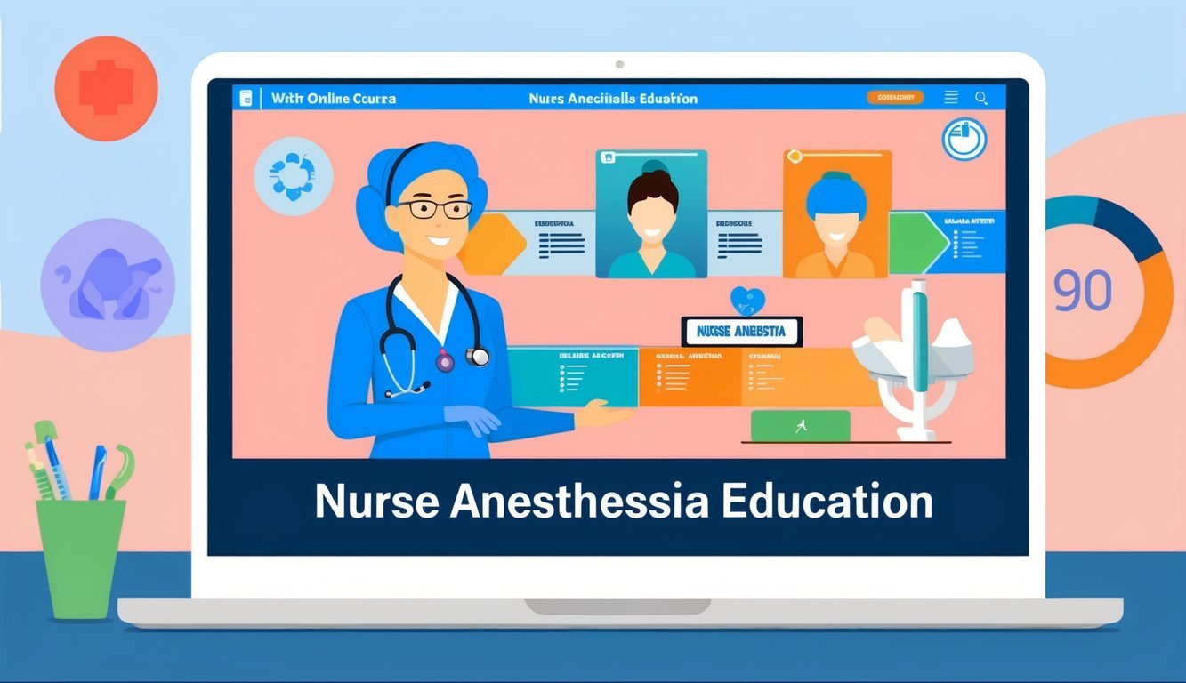 A computer screen displaying an online course platform with detailed modules on nurse anesthesia education