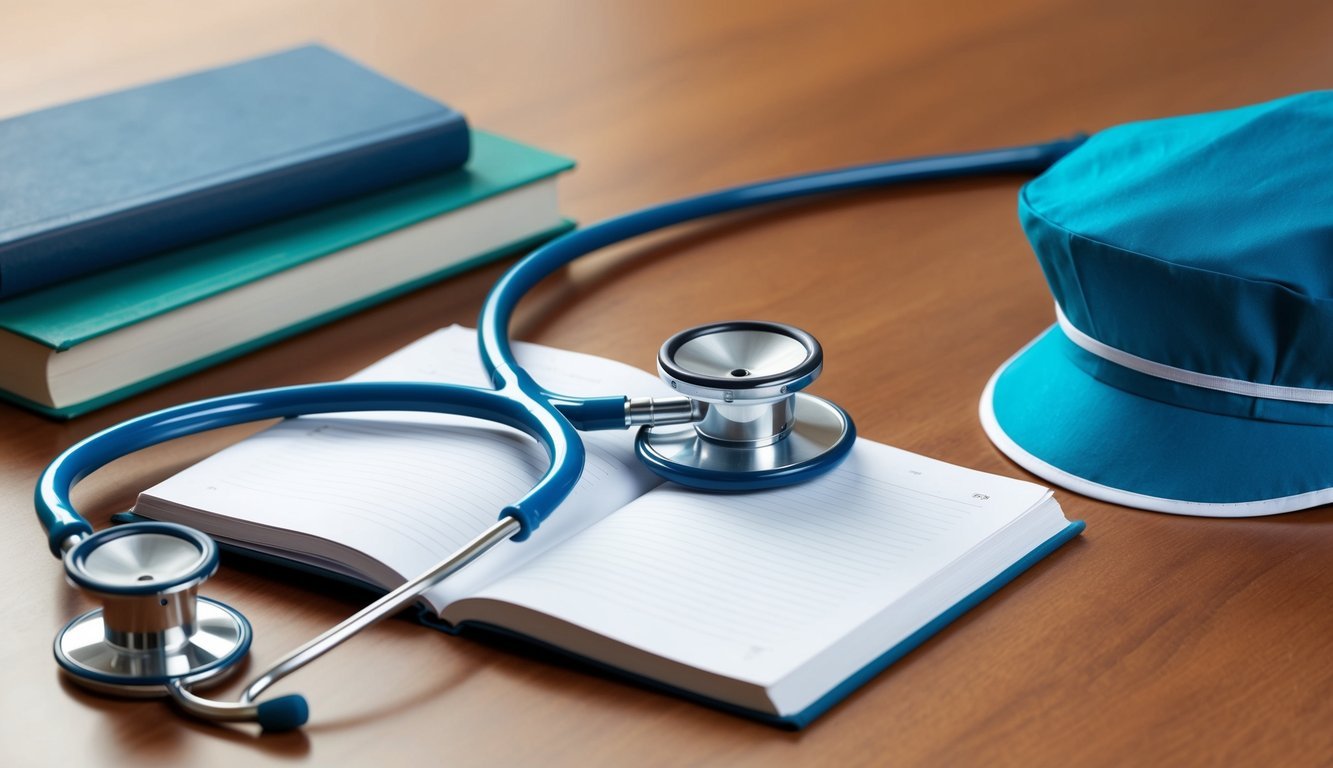 A stethoscope, medical textbooks, and a nursing cap on a desk