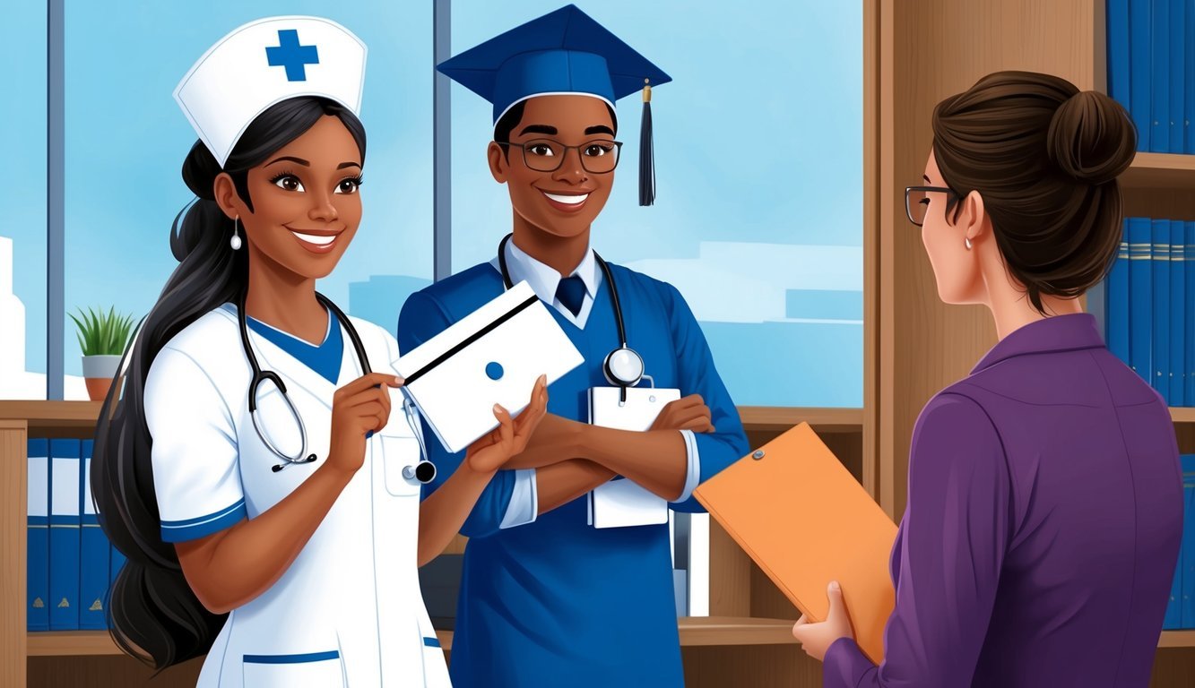 A nurse holding a diploma and talking to an admissions officer at a college