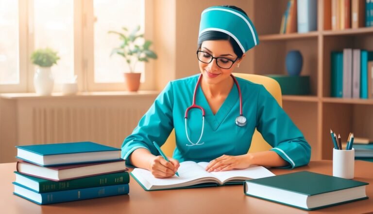 A smiling nurse in scrubs writes in a book at her desk