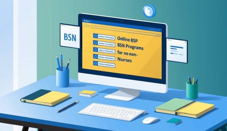 Computer screen displaying online BSN programs for non-nurses on a desk