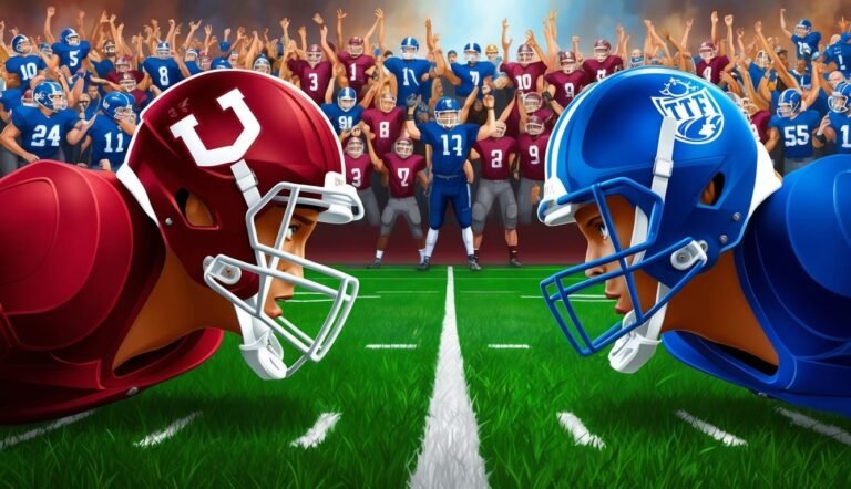 Two football players face off on the field, crowd cheering in background