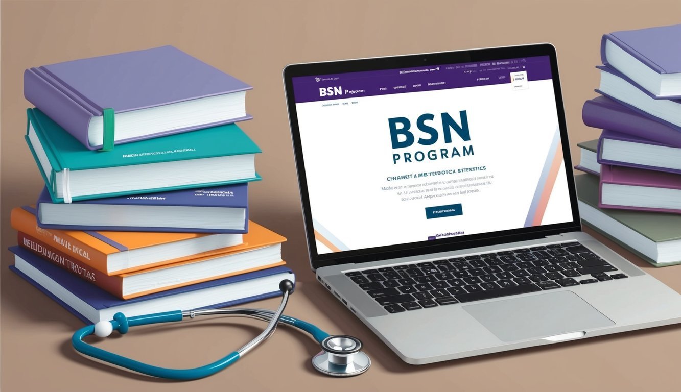 A laptop with a BSN program website open, surrounded by medical textbooks and a stethoscope