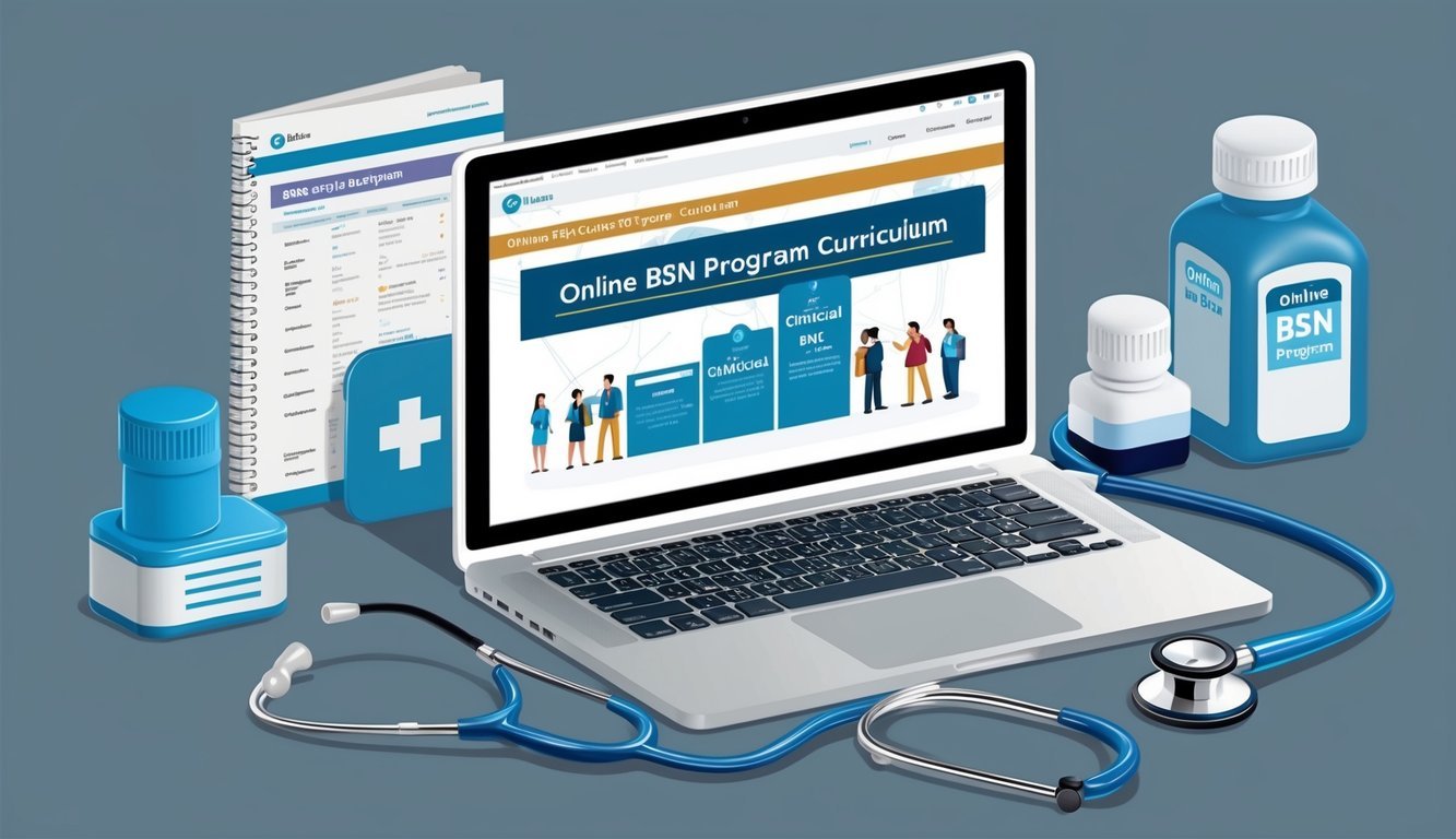 A laptop displaying an online BSN program curriculum with clinical components, surrounded by medical equipment and a stethoscope