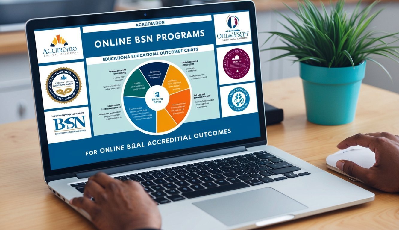 A laptop displaying accreditation logos and educational outcomes charts for online BSN programs