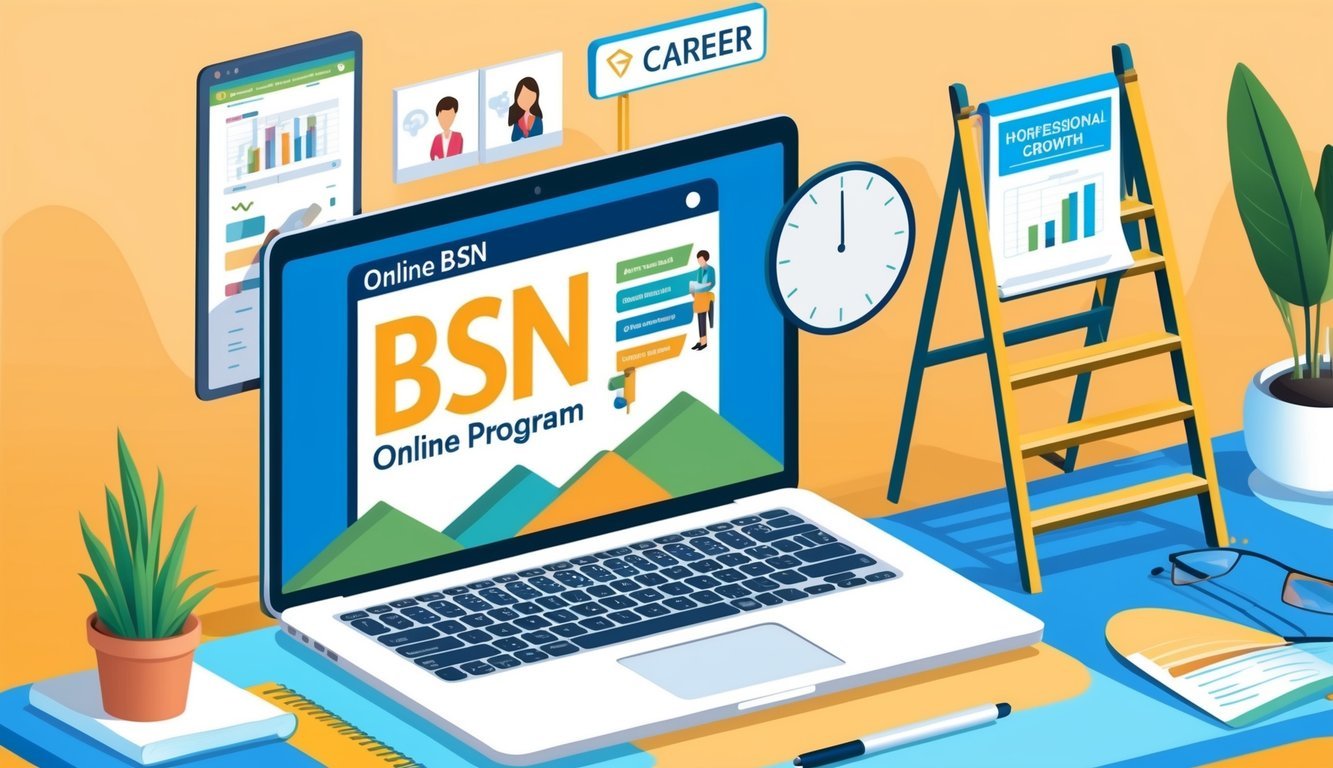 A laptop displaying an online BSN program with a career ladder and professional growth opportunities