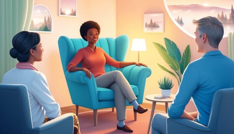 Therapist in a blue chair with two patients in a counseling session