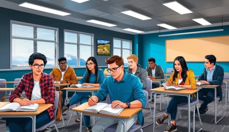 Students in a classroom, writing in notebooks at their desks