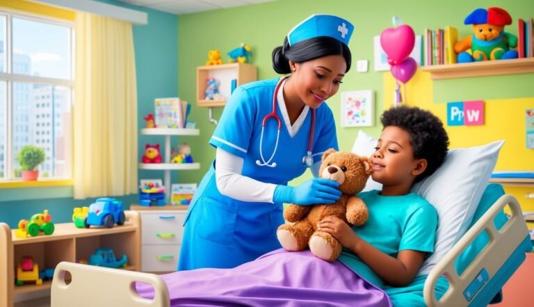 Nurse comforts young boy in hospital bed with a teddy bear