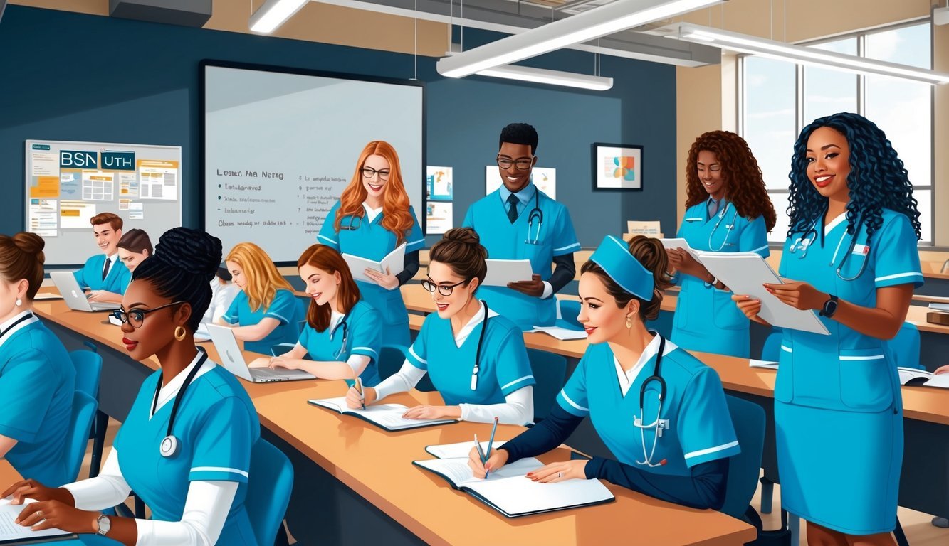 A group of students in nursing uniforms studying in a modern classroom at a top BSN program in Utah