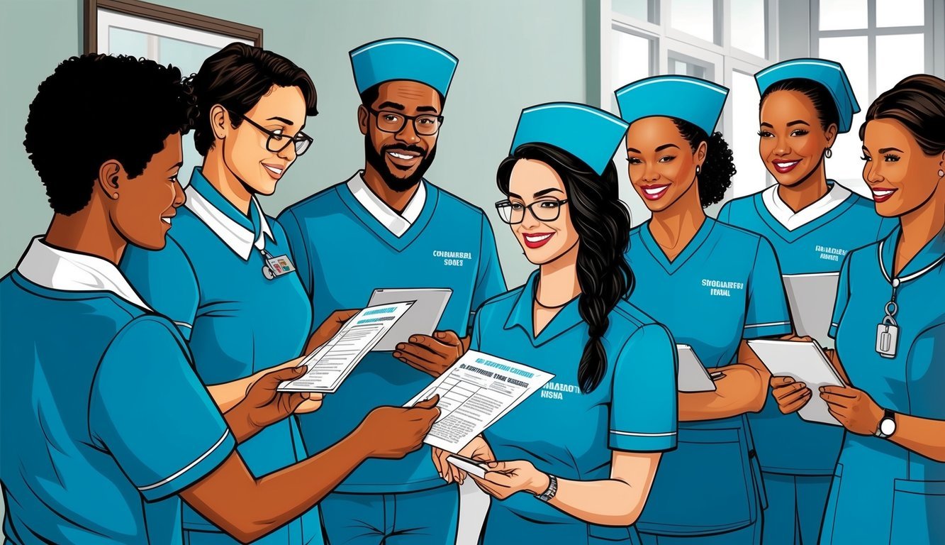 A group of students in nursing uniforms receiving financial aid and scholarship information at a university in Utah