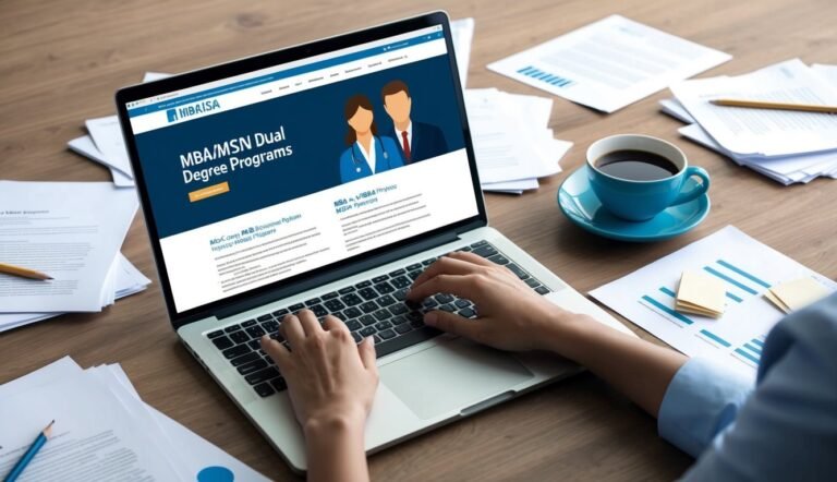 Laptop displaying MBA/MSN dual degree program website, with hands typing, papers, and coffee
