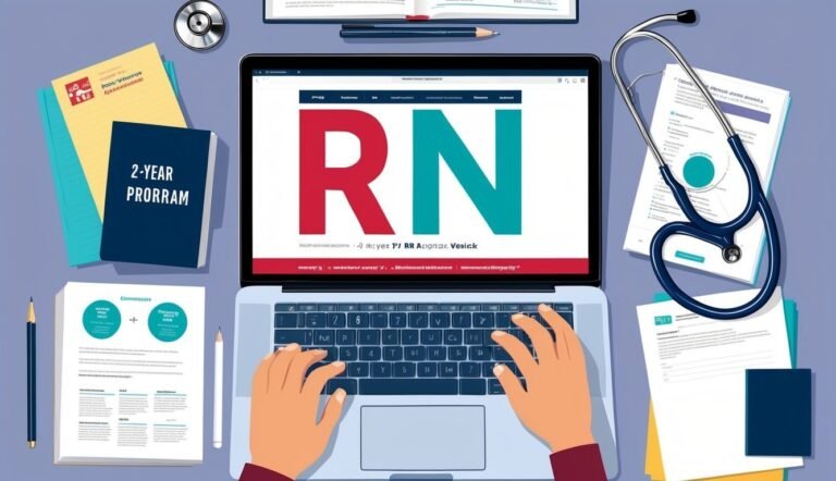 Laptop with "RN" on screen, stethoscope, and nursing program materials