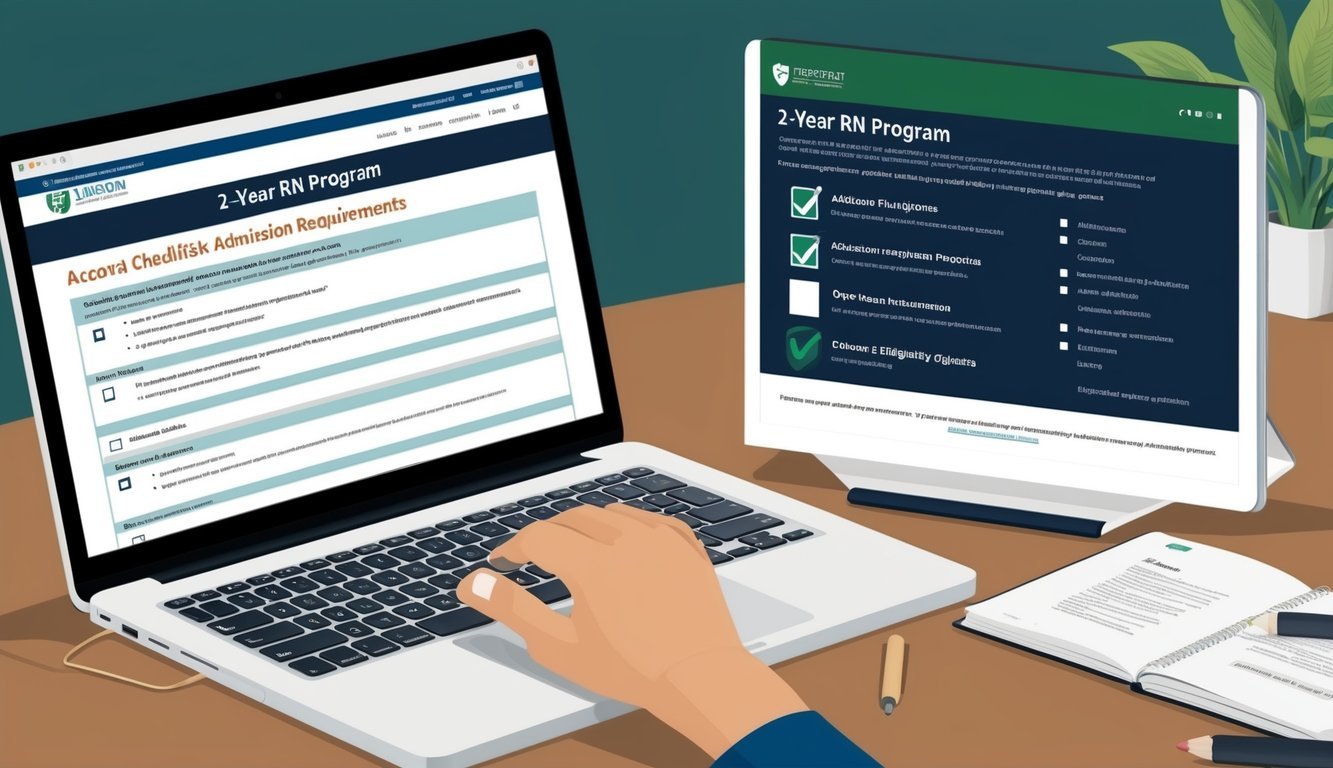 A laptop open to a 2-year RN program webpage, with a checklist of admission requirements and eligibility criteria displayed on the screen