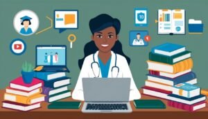 Smiling doctor with laptop, surrounded by books and medical icons