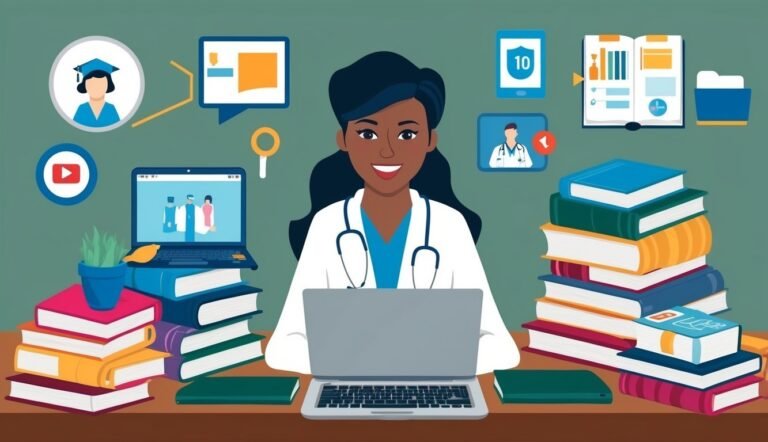 Smiling doctor with laptop, surrounded by books and medical icons