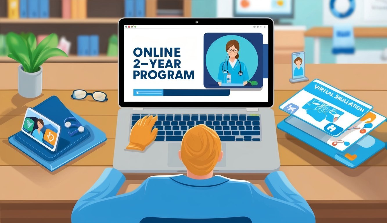 A laptop open to an online 2-year RN program with a virtual clinical simulation in the background