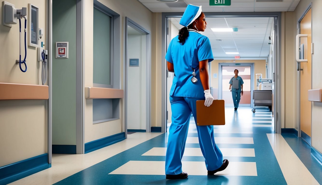 A nurse in scrubs walking through a hospital hallway, carrying a stethoscope and a clipboard, heading towards the exit to the field