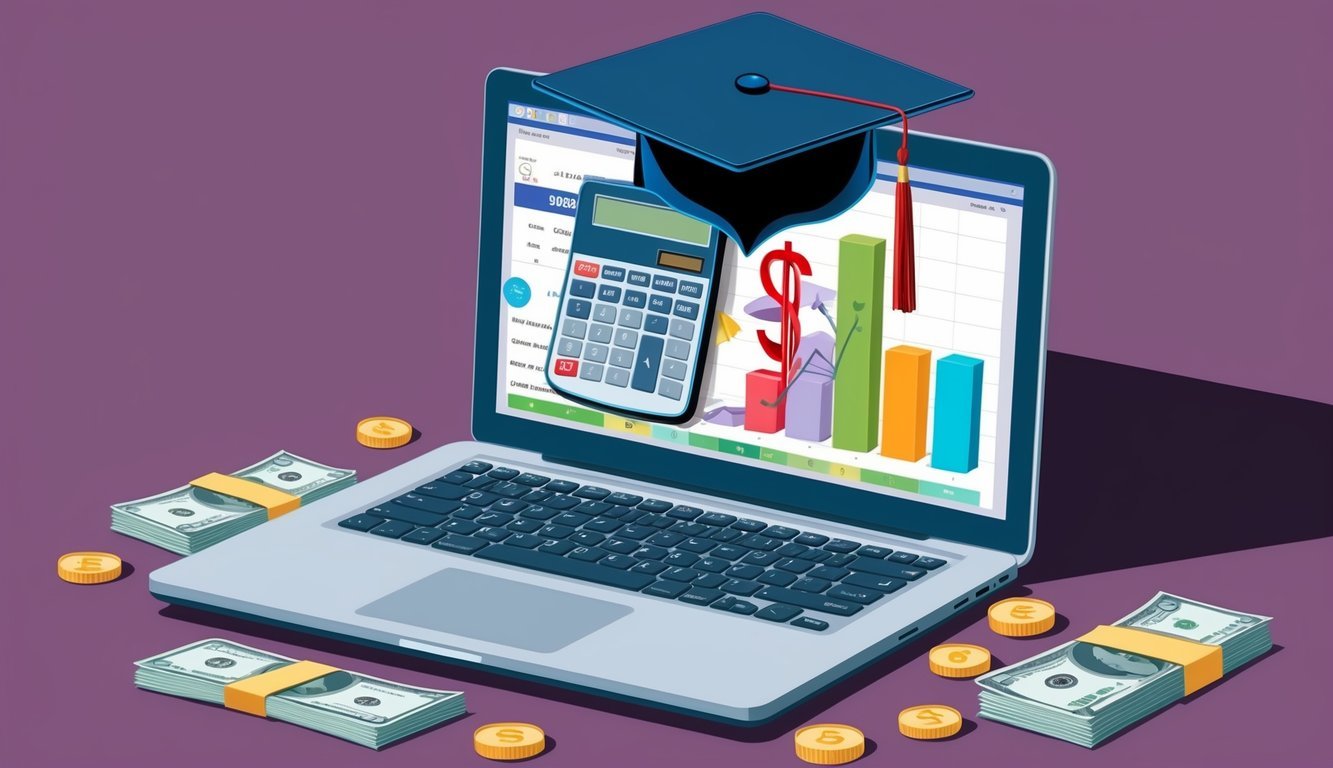 A laptop with a calculator, money, and graduation cap