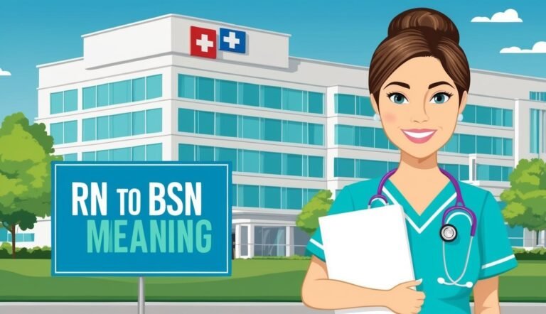 Nurse in scrubs with a hospital in the background, "RN to BSN Meaning" sign