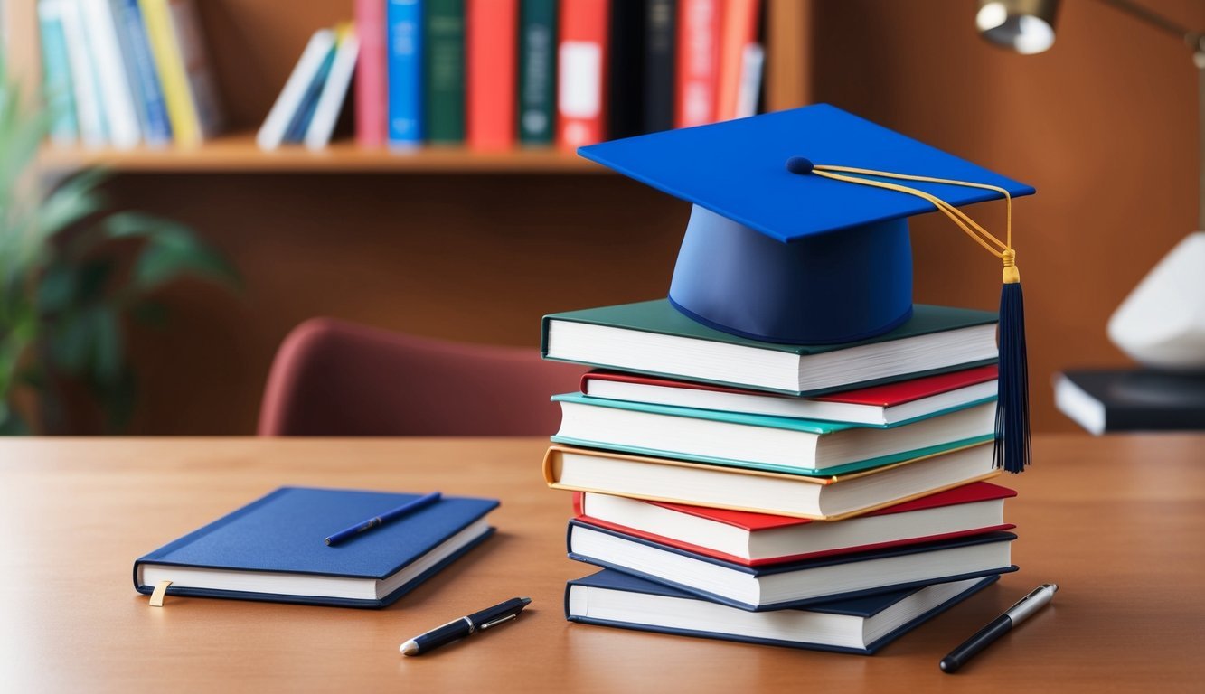 A stack of textbooks and a graduation cap on a desk