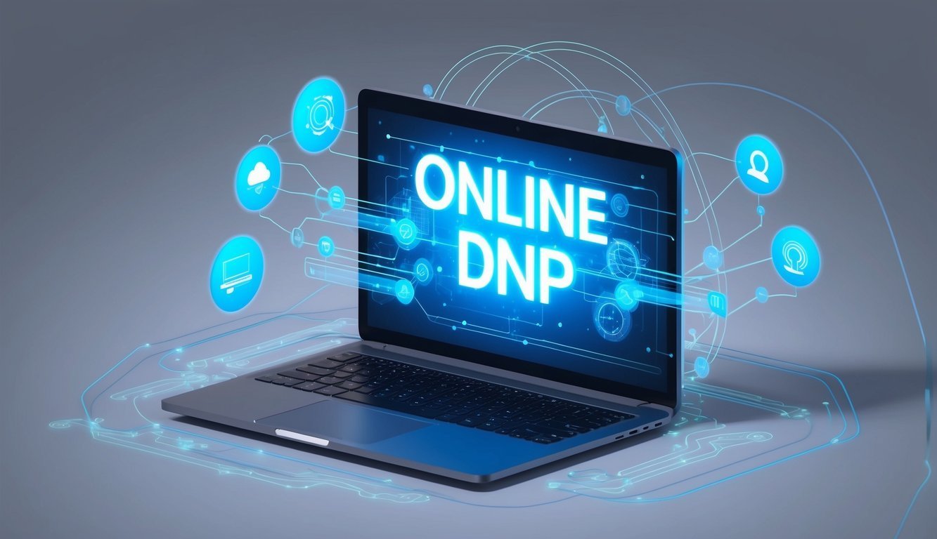 Laptop with "ONLINE DNP" on screen, surrounded by glowing digital icons