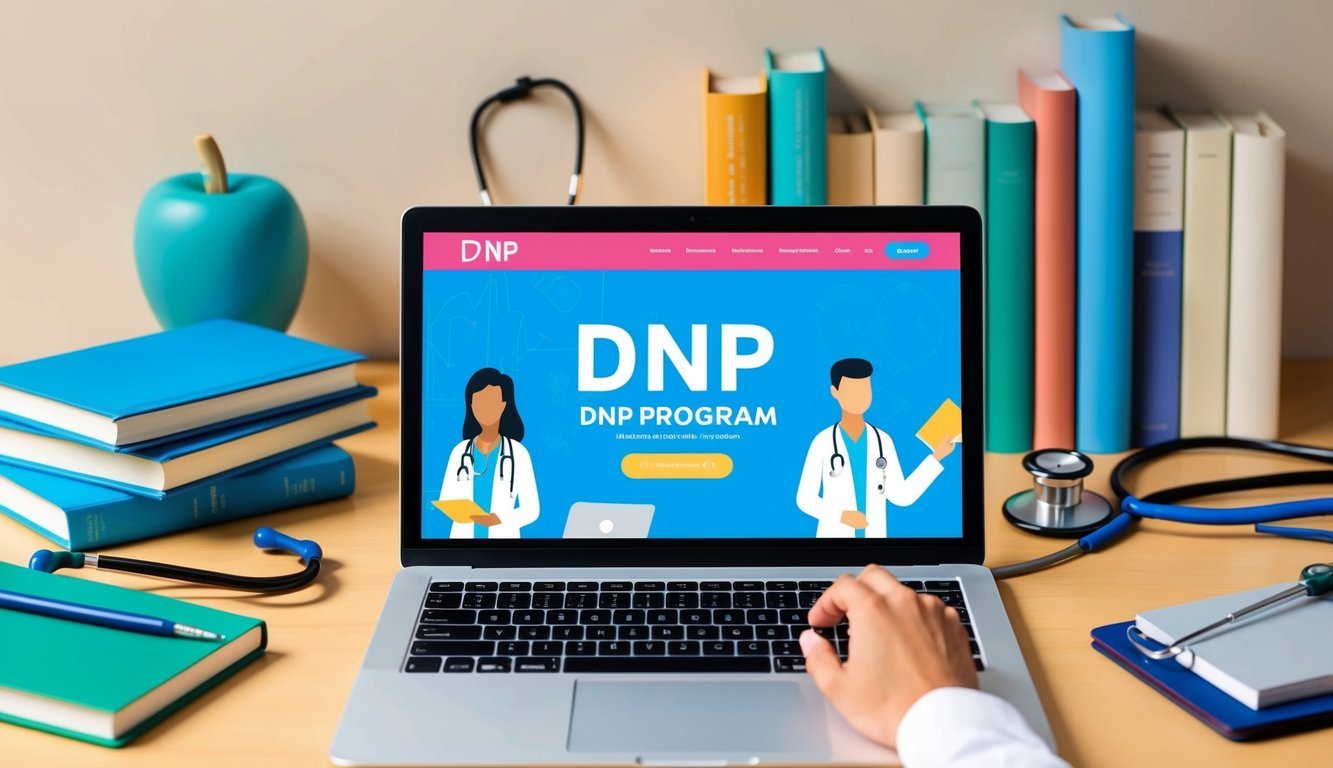A laptop open on a desk with a DNP program website displayed, surrounded by books, a stethoscope, and medical equipment
