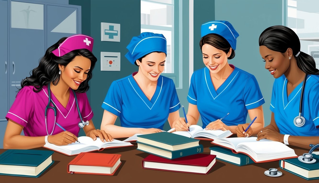 A group of nurses in scrubs studying together, surrounded by textbooks and medical equipment